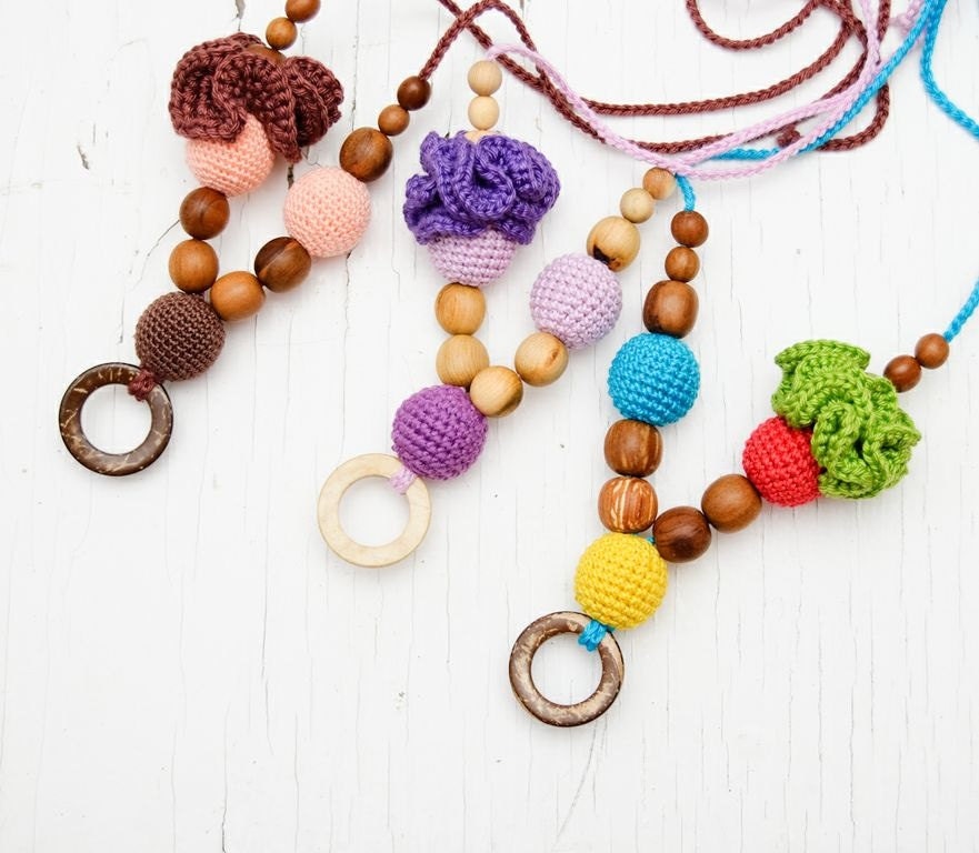 Teething Necklace with a coconut pendant & soft flower- Choose Your Color