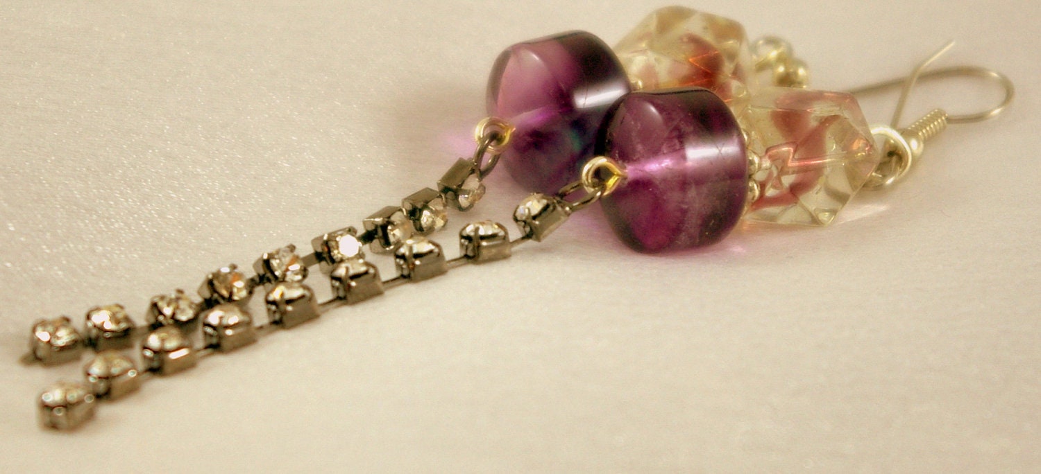 Rainbow Fluorite Earrings with Rhinestone Dangles.  Hypoallergenic.  Modern.