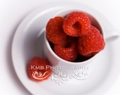Berry Sweet.  Red Rasberries in White Cup and Saucer Kitchen Decor Fine Art 8x12, 8x10 or 8x8 Photograph - kmbphoto