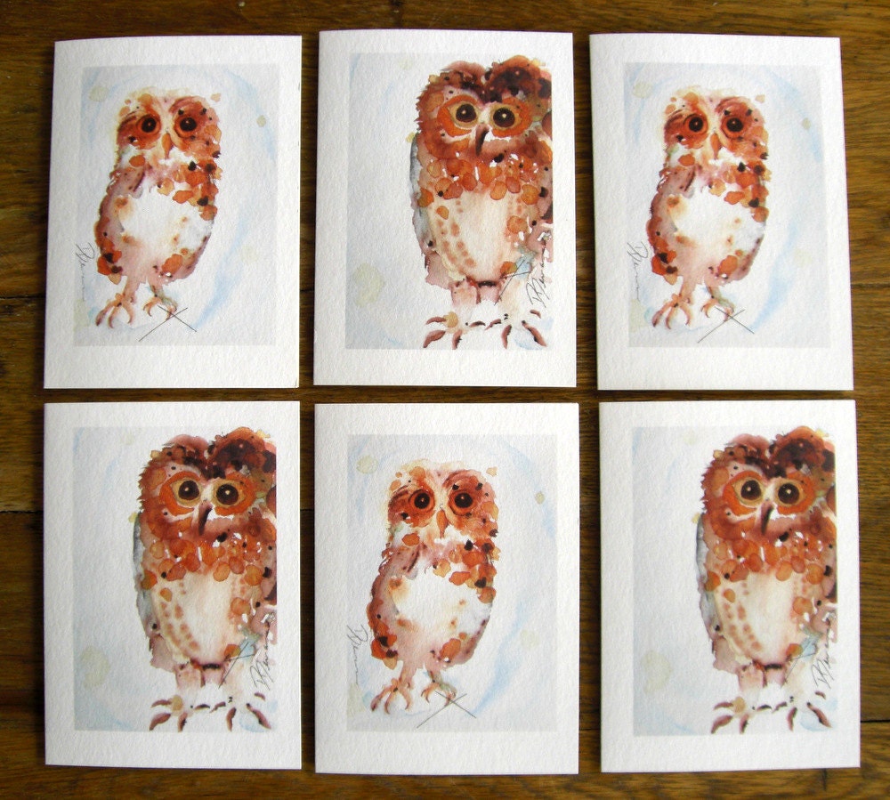 Owl Greeting Cards, Quirky Watercolor Owl Prints, Set of 6 Art Prints