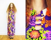Vtg 60s/70s Psychedelic Asian Inspired Dragon Print Maxi Dress M/L