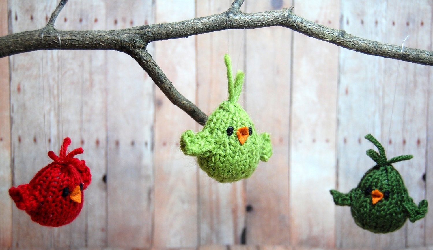 Knit Bird Christmas Holiday Ornaments - Set of 3 in Red and Greens - Holiday Decoration - Natural Fibers Waldorf