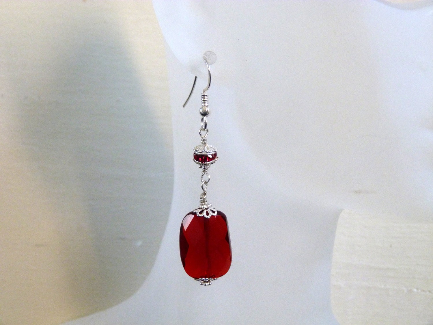 SALE Christmas Ruby Red Sterling Faceted Glass Dangle Earrings FREE SHIP