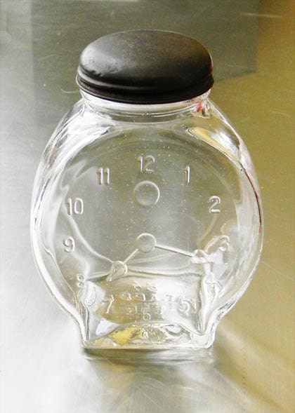 Antique Nash Mustard Clock Glass Jar Bank 1940s