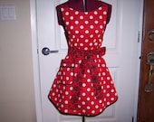 Retro Red with White Polka Dot  "Kailey" Apron with Black and Red Damask t Ties and Trim