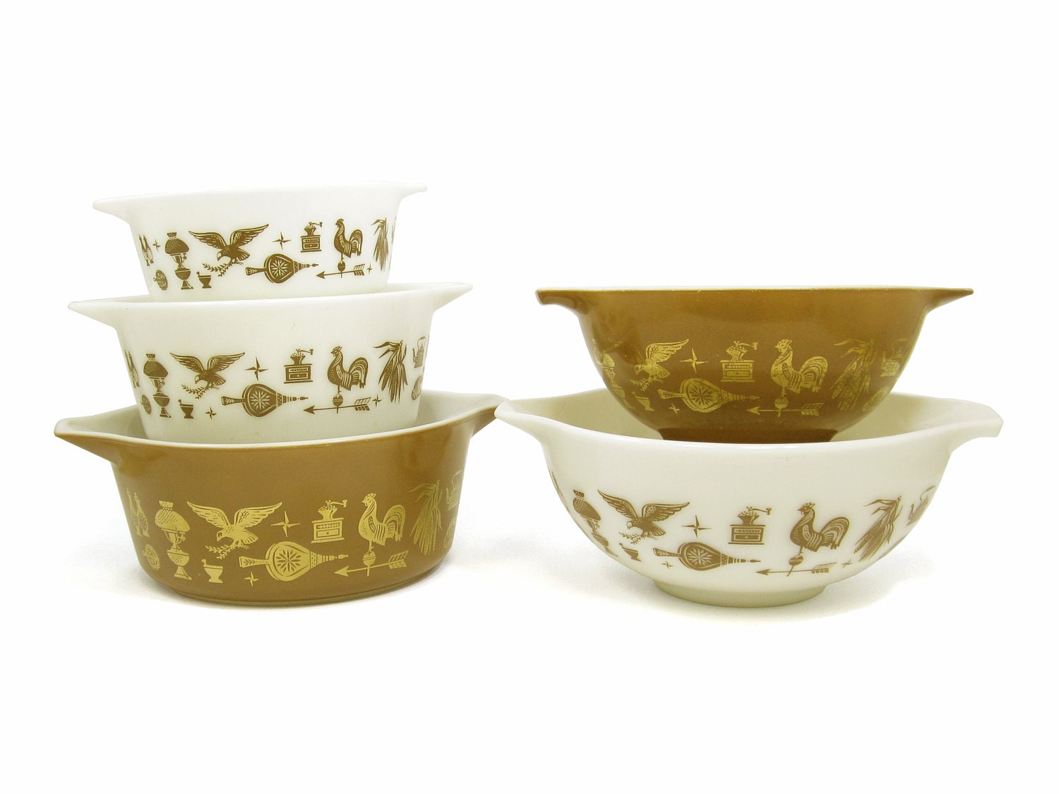Five Pyrex Early American Mixing Bowls and Casserole Dishes
