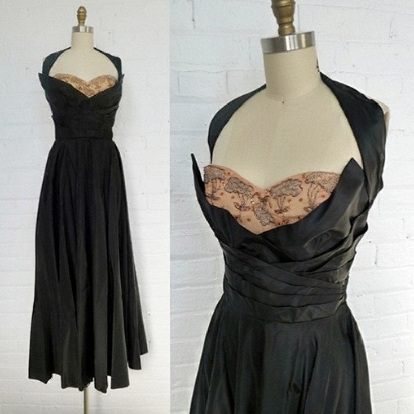 1940's black dress / 40s beaded bodice evening dress and bolero