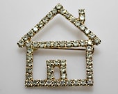 Nice Vintage Gold Tone Metal / Clear Rhinestones Pin / Brooch  -  House - estate sale find - estatesalegems