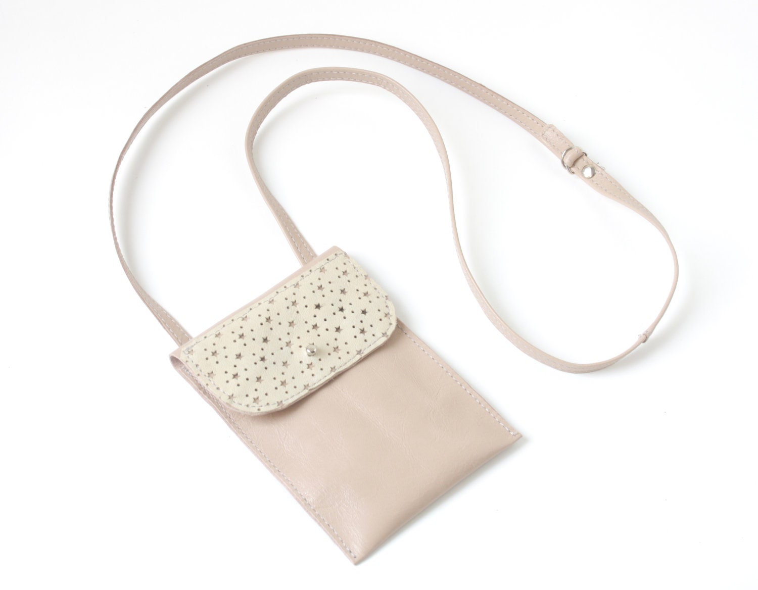 Genuine Leather Neck pouch, Hip bag, iPhone Case in Nude with Light Sand Stars, 10x13 cm