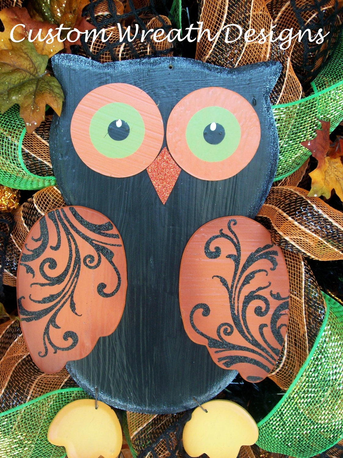 Fall Black Owl Mesh Wreath