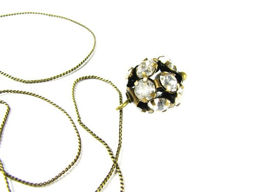 Necklace with Rhinestone Disco Ball in Brass Tone - Collier Strass. Vintage and Handmade Jewelry by My Chouchou.