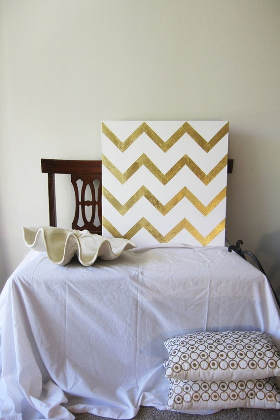 Gold and White Chevron Painting