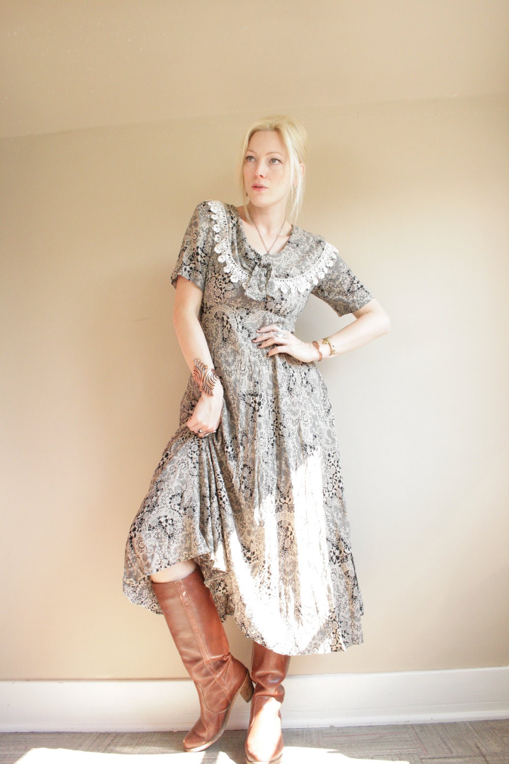 Black & Ivory Antique Lace Print Crocheted Collar Maxi Dress