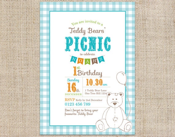 Printable Custom Birthday Party Invitation Template - Teddy Bears Picnic Blue Il_570xn