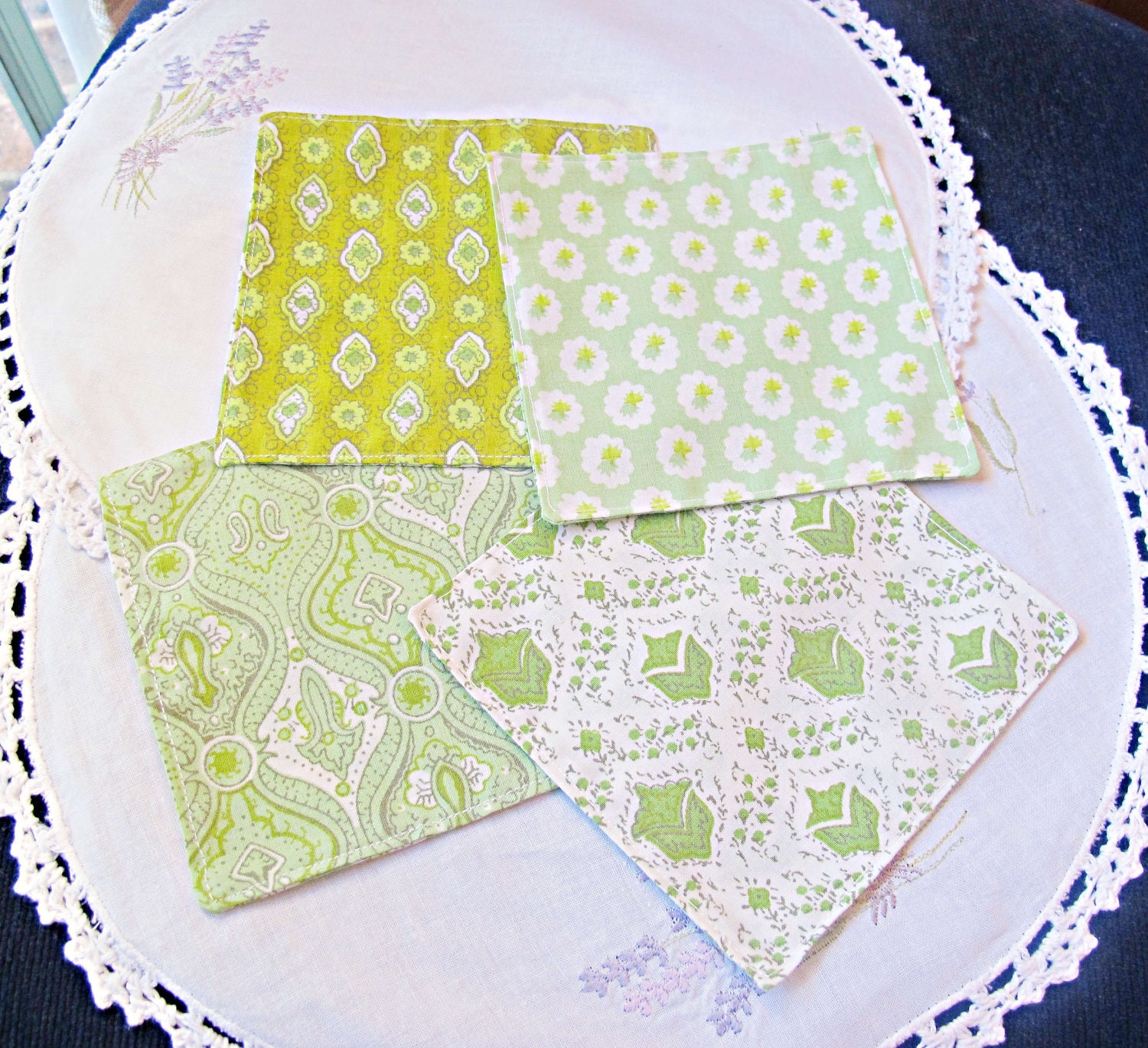 Cocktail Napkins. Hazel Reusable Cloth Napkin Set. Vintage Bed Linen Fabric. Green Floral Retro. Hostess Gift Set of Four 4