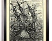 Monsterous Octopus, Nautical, Ocean, Antique, Upcycled Vintage Dictionary Book Page, 8 x 10 Print
