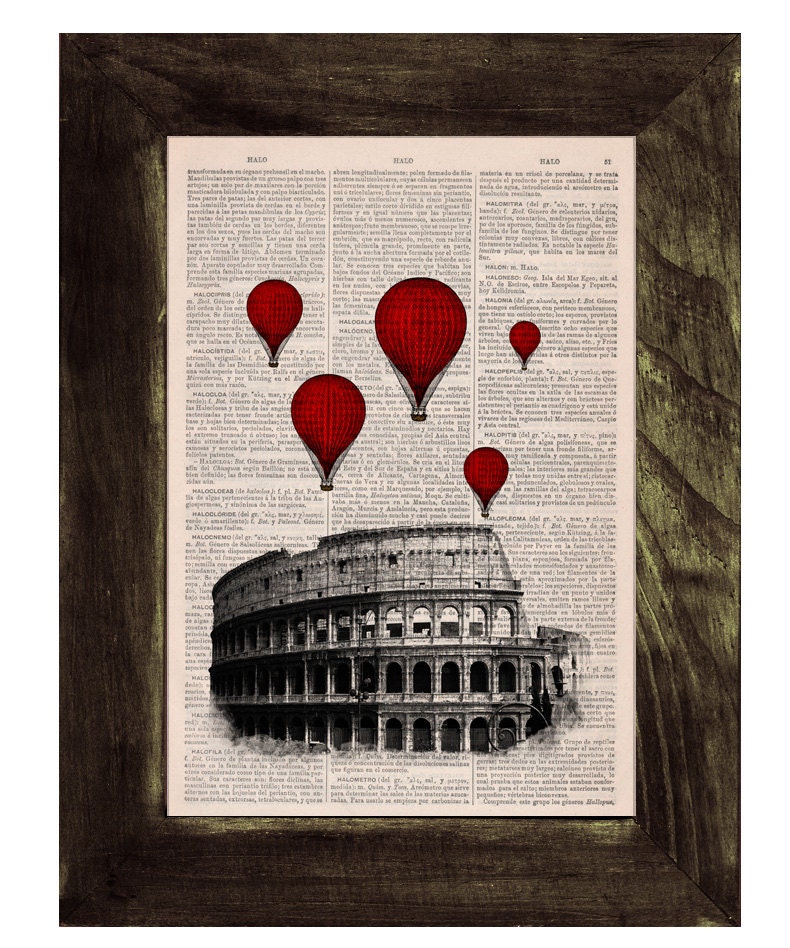Vintage Book Print - Rome Colosseum Balloon Ride Print on Vintage Book art