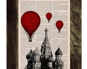 Vintage Book Print - Moscow Saint Basils Balloon Ride Print on Vintage Book art