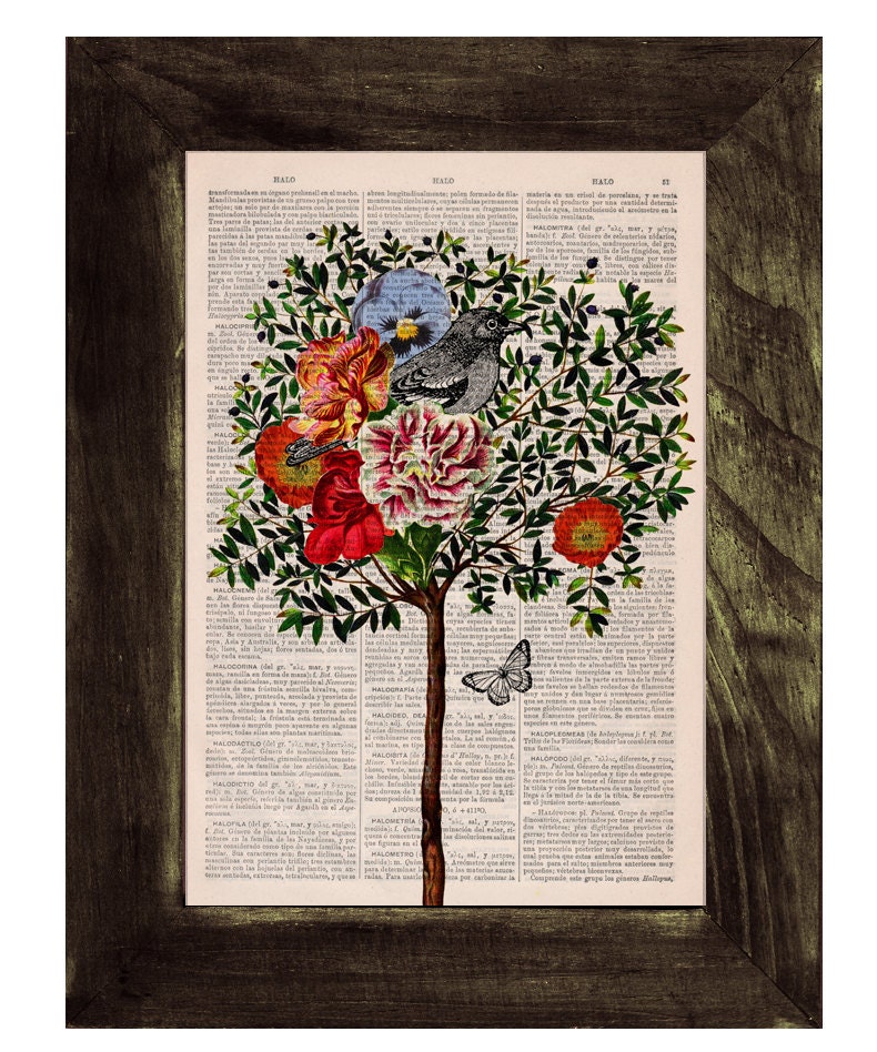 Wall decor Collage Tree with Bird Print on Vintage Book page - Perfect  gift- altered art -dictionary page illustration book print