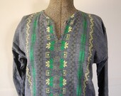Vintage Ethnic Woven Denim Tunic Mexican Style Boho Top with Long Sleeves Womens Size Medium Large M L