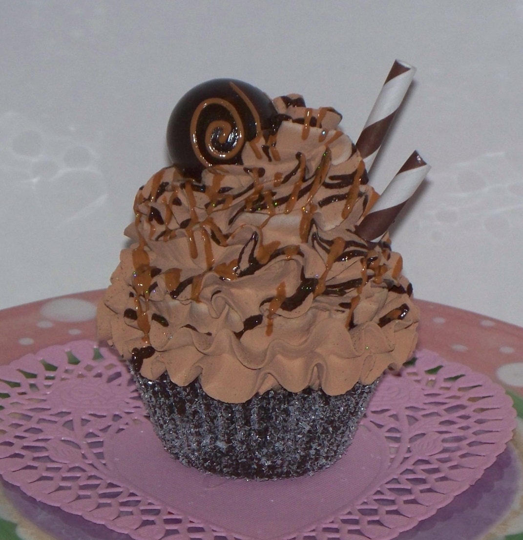 Caramel Chocolate Fake Cupcake, Fake Bon Bon Candy on Top, Christmas Decorations, Display, Cupcake Ornaments, Secret Santa Gifts