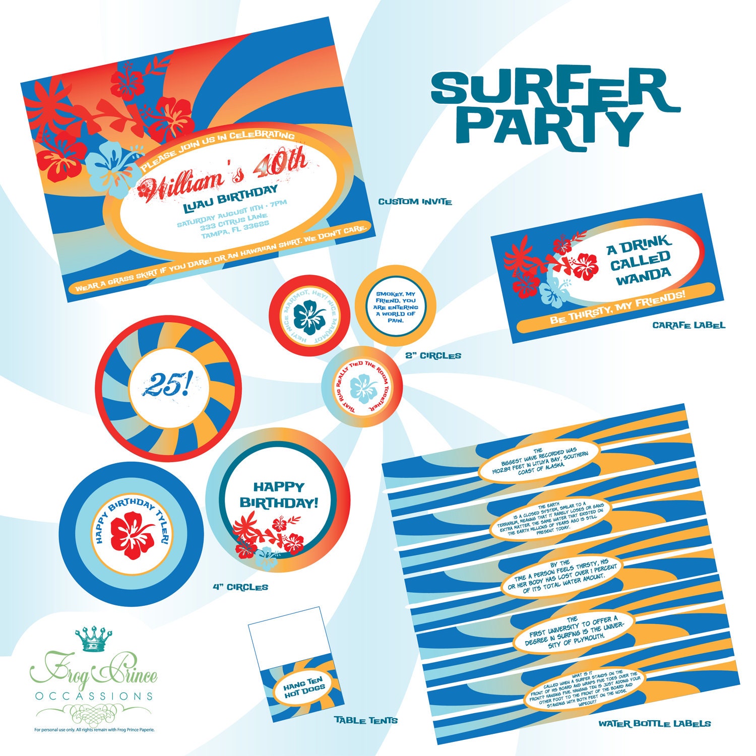 Surfer Birthday Luau Custom - Party Pack Printable