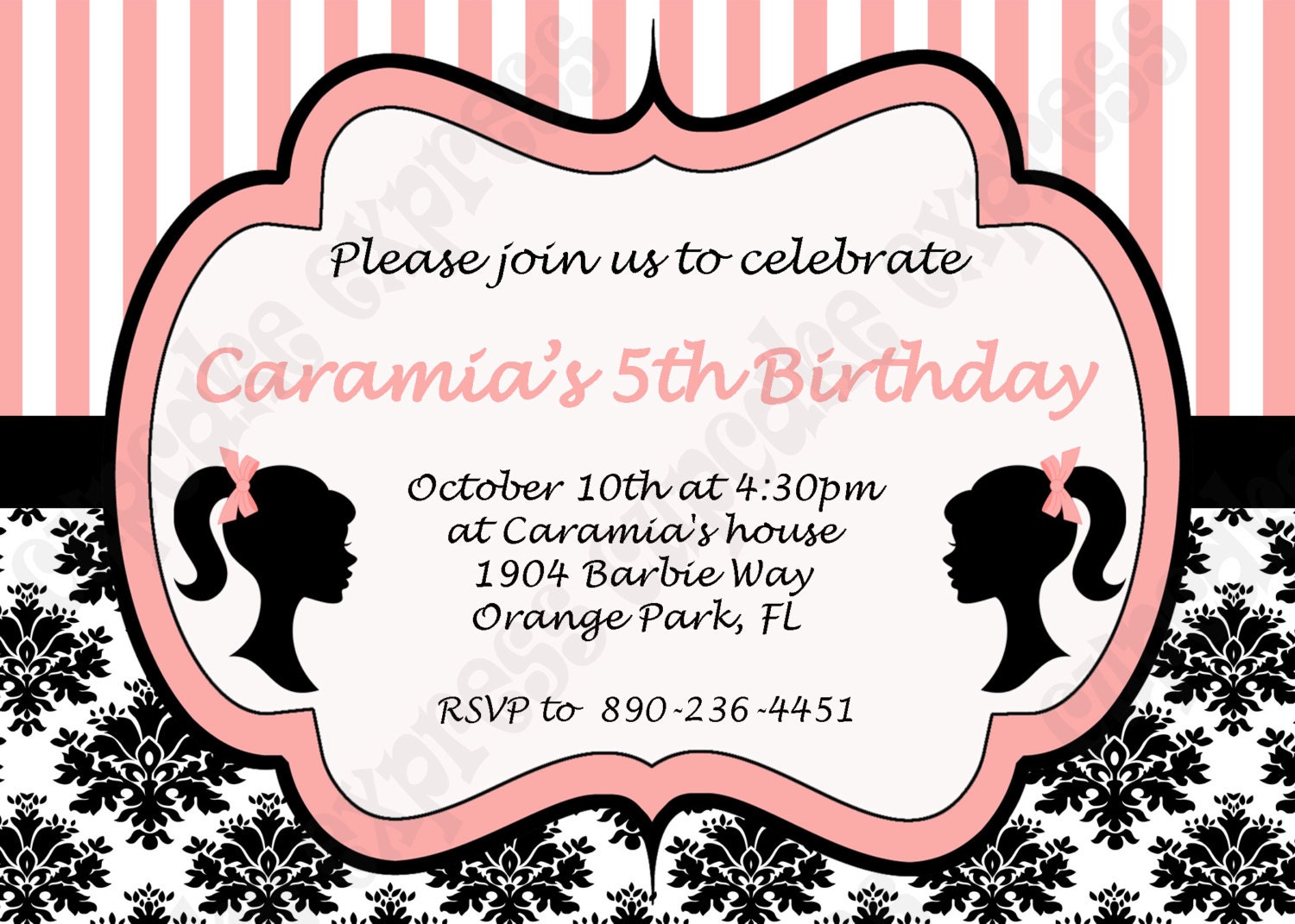 DIY Barbie in Paris Birthday Collection PRINTABLE Party Invitation 5x7 pink black