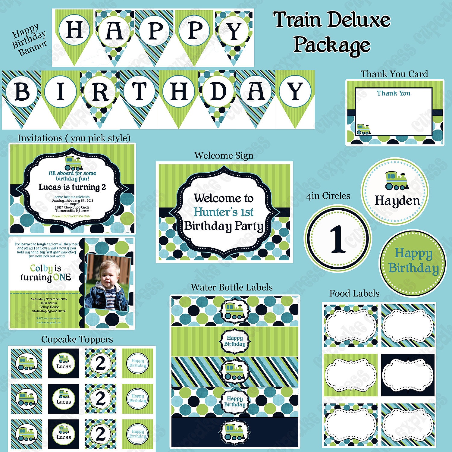 DIY Train Birthday Collection Deluxe PRINTABLE Party Package  Banner Cupcake toppers Invitation more...