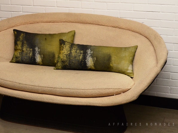 Linen. Decorative cushion long. Insert Included. Vintage influense. Yellow black .. / RETRO-MODERNE