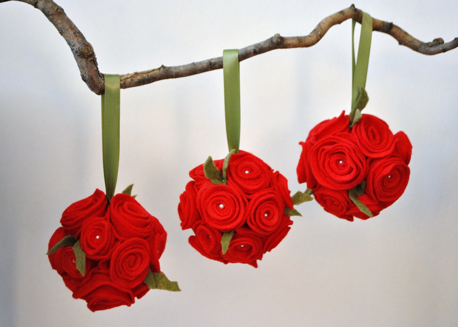 Three Red Felt Rose Bouquet Ornaments with Olive Green Acccent - "Splendidly Sara"