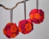 Set of Three Magenta, Pink, Orange, Felt Bouquet, Pom, Pomander, Kissing Ball, Christmas Ornament, Home Decor, Girls Room, Door Knob Hanging