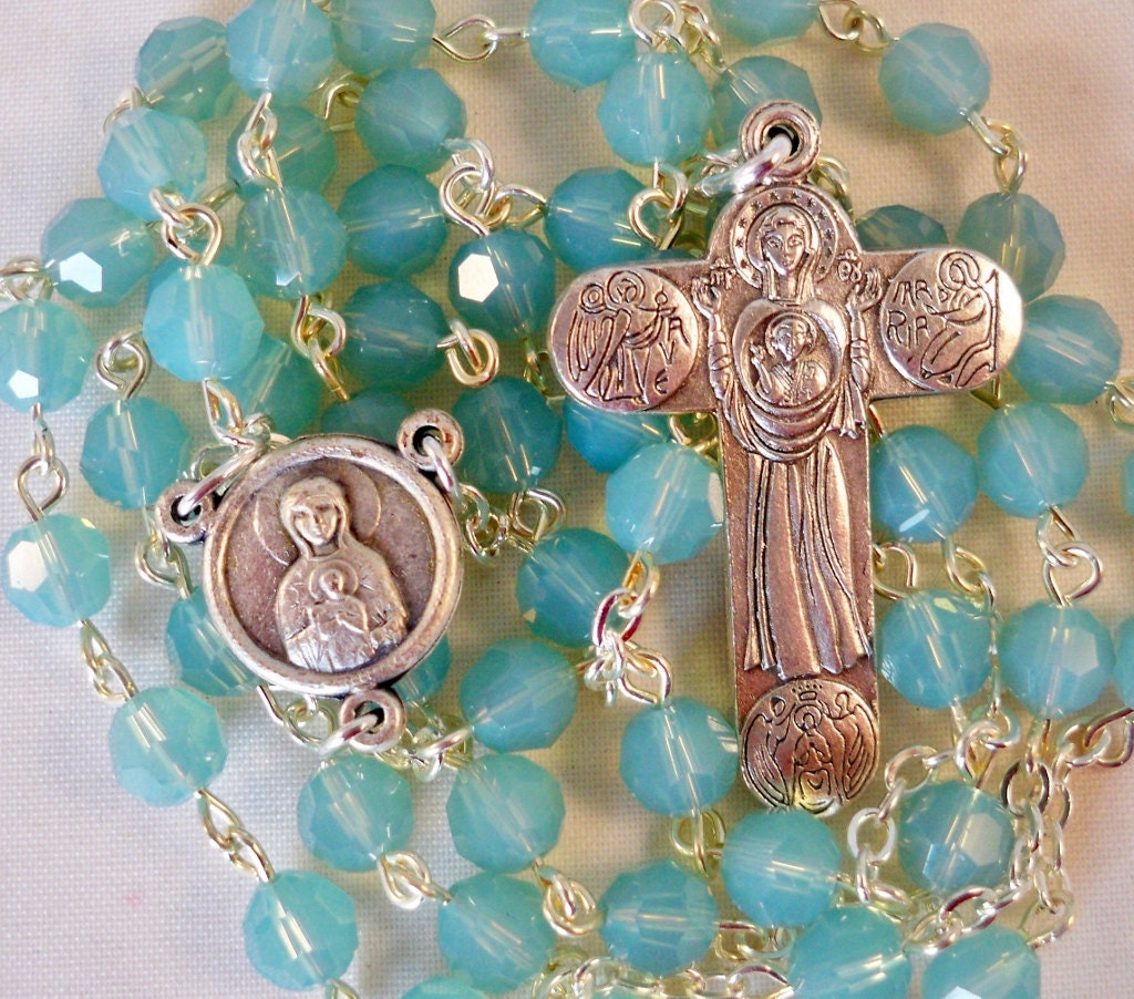 Handmade Catholic Rosary, Swarovski Crystal Pacific Opal, Theotokos Marian Center and Crucifix