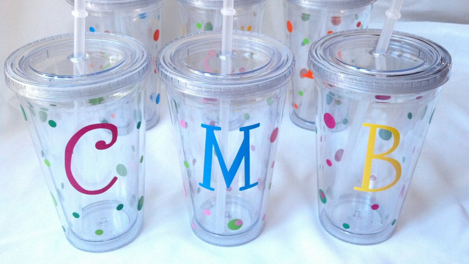 12 polka dot tumblers,  Bridesmaid gifts, wedding party acrylic glasses with lid and straw, flower girl juice cups.  Multi color