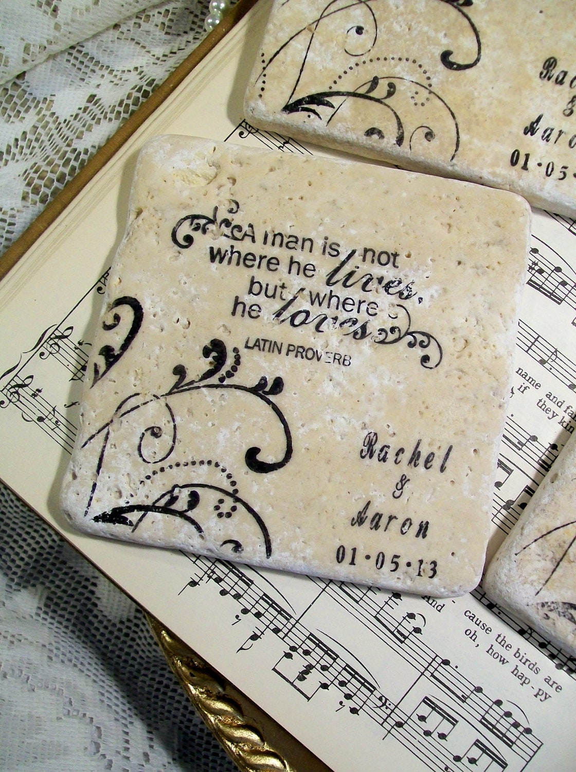Wedding Coaster Set Personalized Wedding Travertine Stones Love Quotes and Sayings