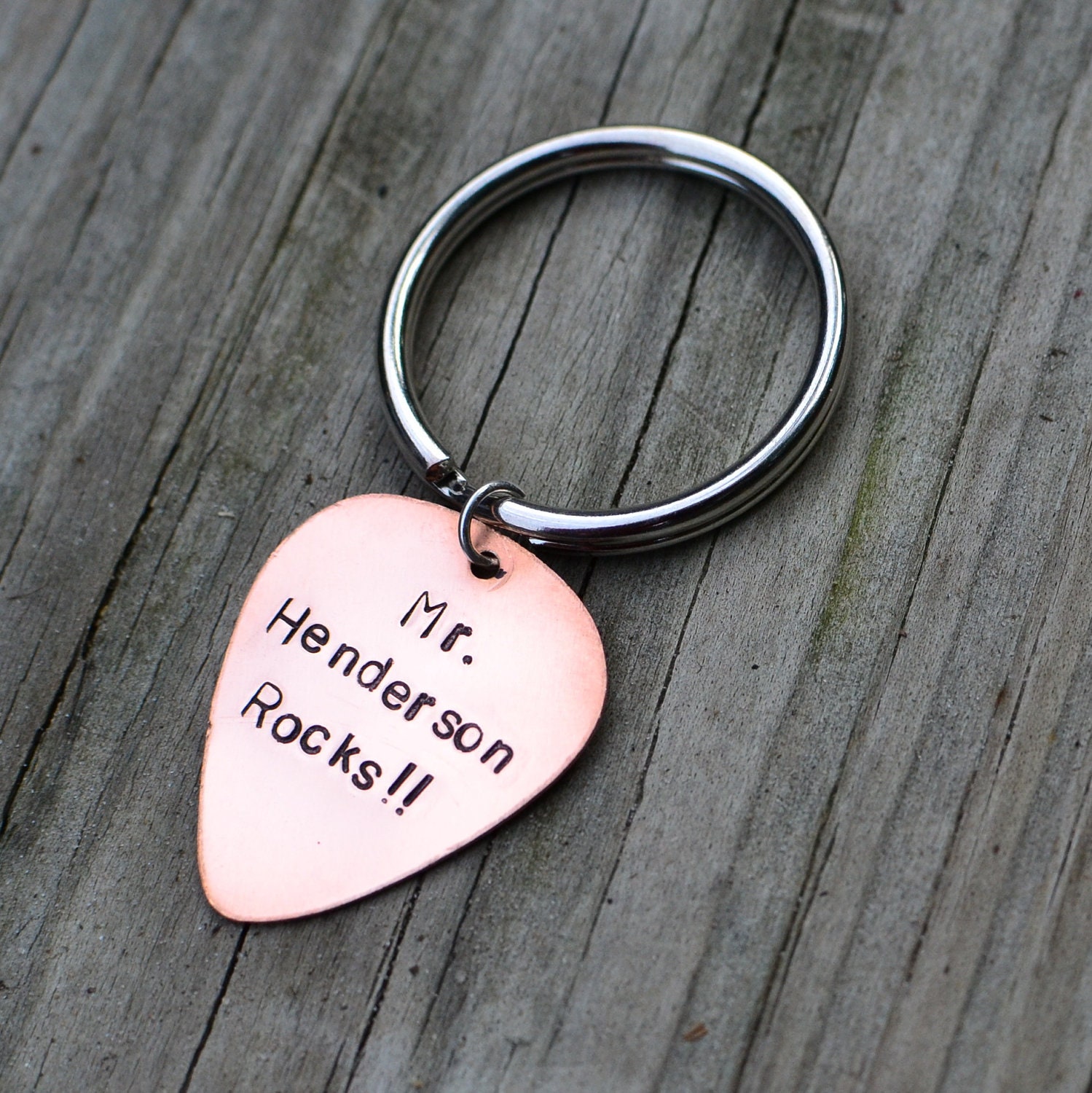 Custom Copper Guitar Pick Keychain - handstamped and personalized