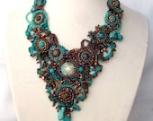 Beadwork necklace, Seed beaded jewelry, beaded art necklace,Turquoise brown