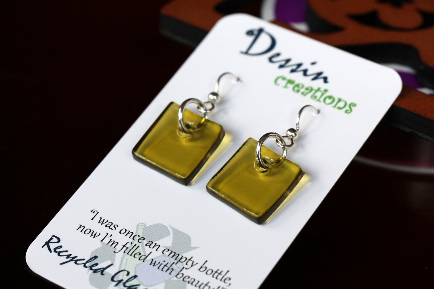 Wine Bottle Jewelry, Golden Brown Handcrafted Earrings, Upcycled Glass Jewelry, Chardonnay Wine Bottle, Sterling Silver, Dessin Creations