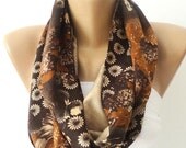 women infinity scarf, loop, woman scarves, accessories , sewing ,neck warmer, light, soft, warm ,brown orange , floral, gifts for her