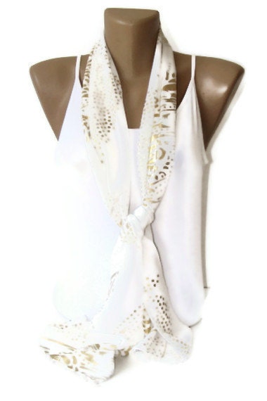 fashion women scarf, chiffon scarf, women scarves, gift ideas, for her, gold gilt, handmade gift scarf, white scarves