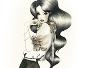 Fashion Illustration - Print from original illustration - Black and White Portrait of a girl