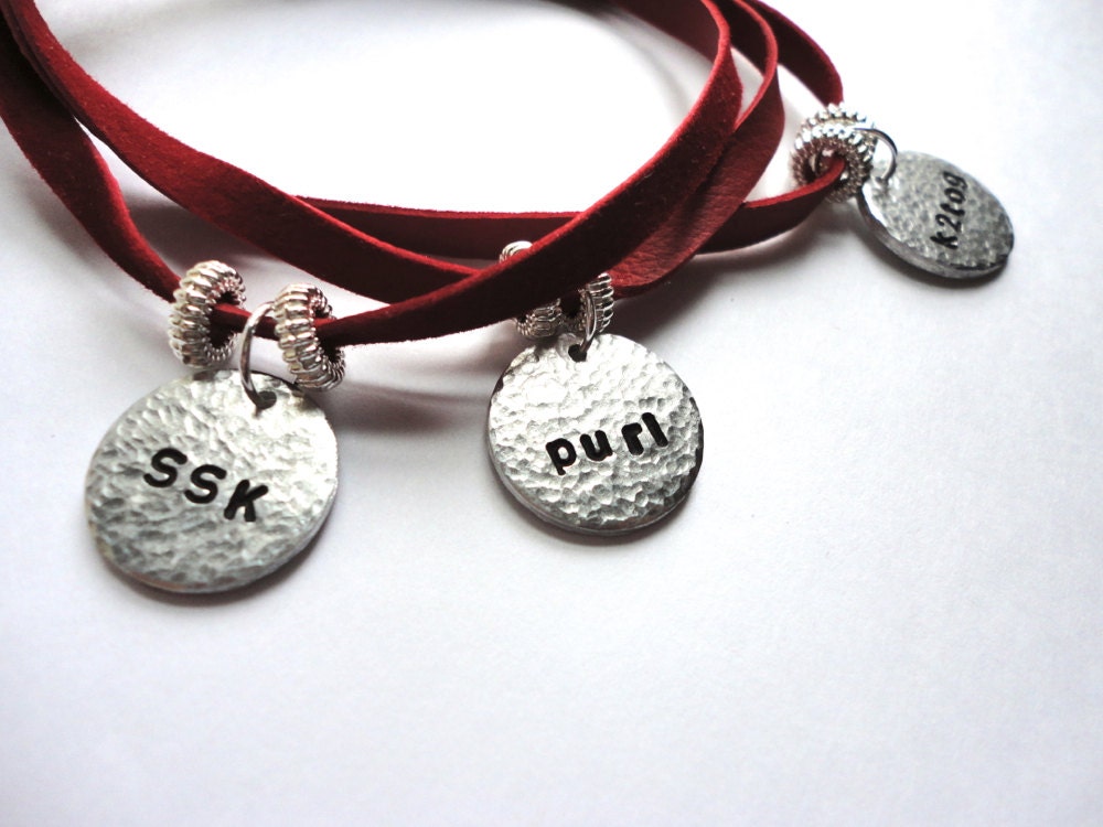 Hand Stamped SSK, purl, k2tog Leather Wrap Jewelry - Knitter Jewelry