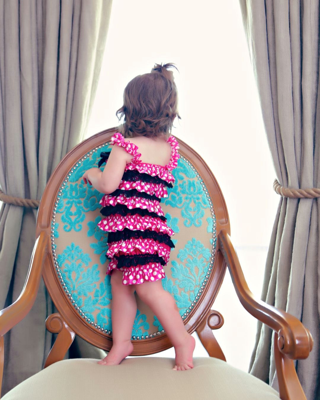 Polka Dot Satin Romper in Hot Pink and Lace -Baby Romper- Minnie Mouse Outfit-Minnie Mouse Birthday