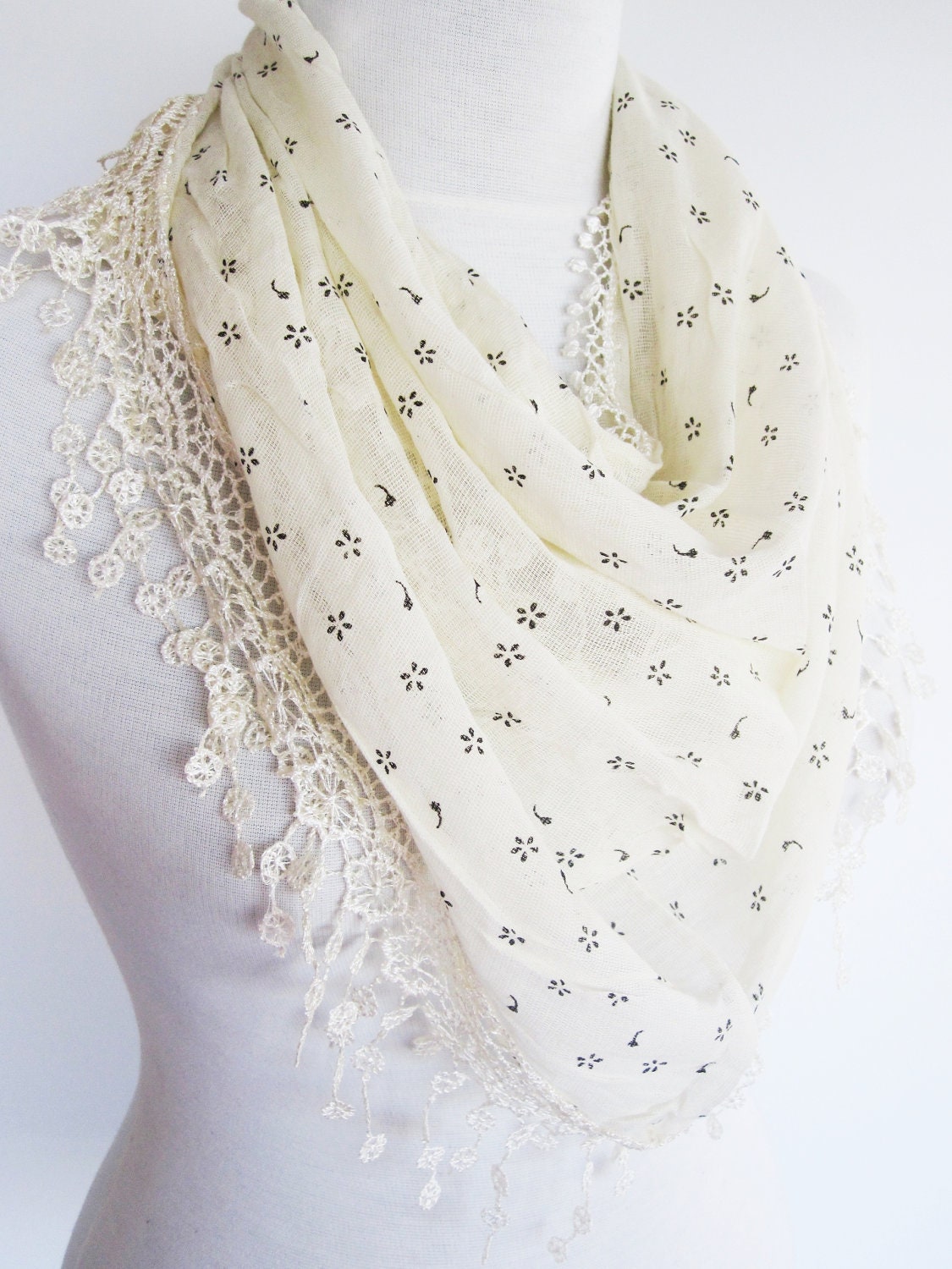 Cream Cotton Scarf With Fringed Lace, Christmas, Gift, Headband, Cowl, Infinity Scarf, Loop Scarf