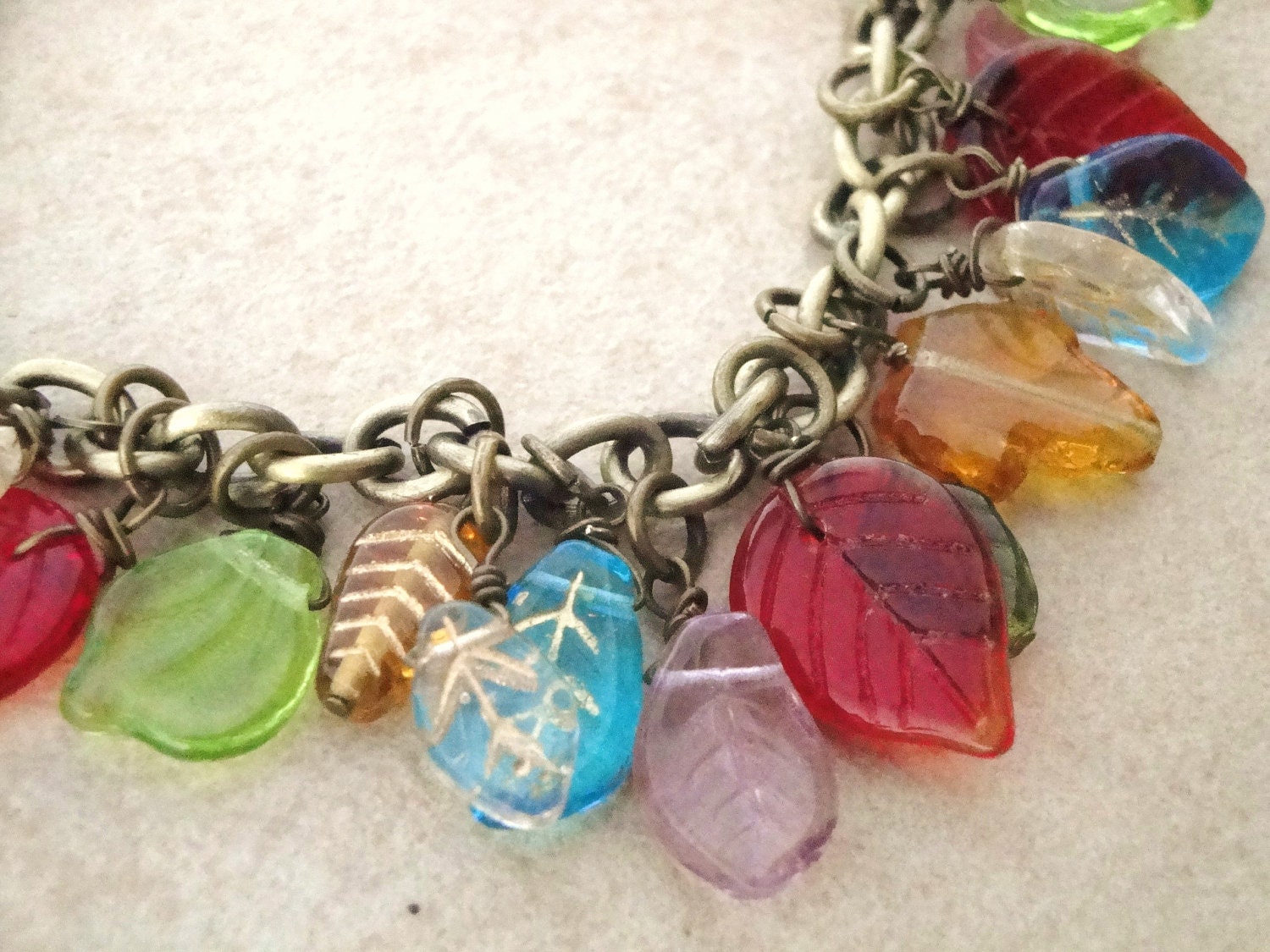 Czech Glass Leaf red green blue purple brown clear bronze bracelet