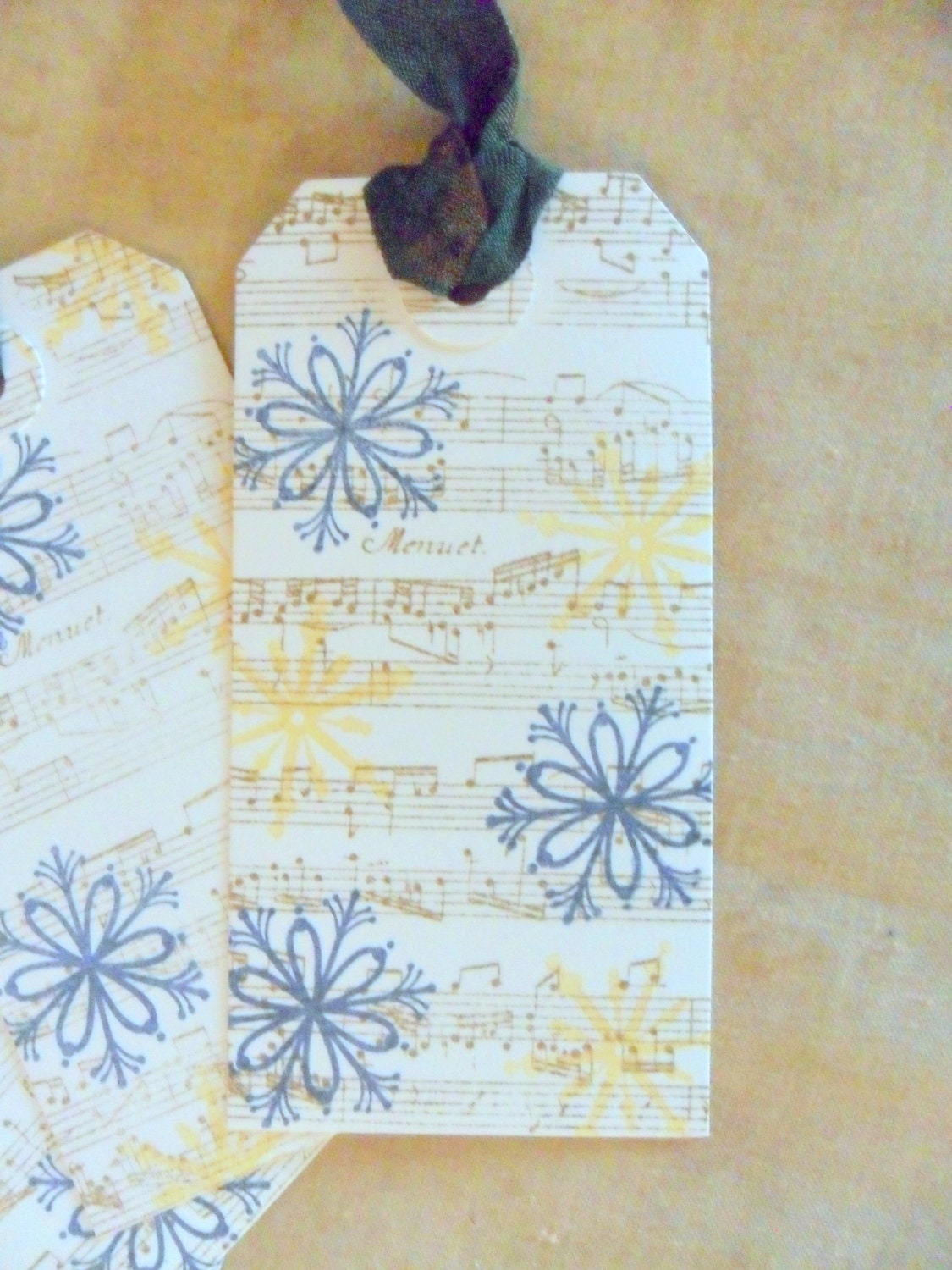 Gift Tags Favor Tags Snowflakes Music Christmas Holidays Winter Blue Gold Green Handmade Handstamped Paper