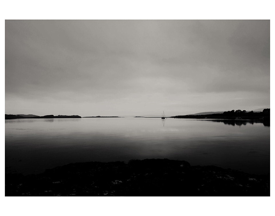 Loch boat water black and white photo print - whimsical fine art landscape photography, night, scotland, peaceful, mysterious