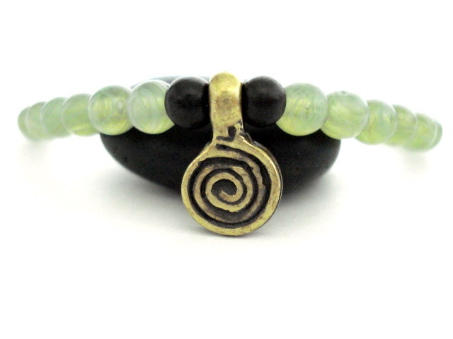Brass Spiral Yoga Bracelet, Green Glass, Brass Spiral Charm Bracelet