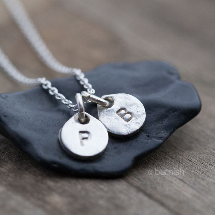 Silver Monogram Necklace / Two Initials Hand Stamped Charms Coin Discs  / Sterling Silver Personalized Necklace