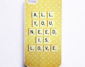 SALE iPhone 4 Case: All You Need is Love. Scrabble. White Case. Fits iPhone 4S. Yellow. Polka Dots. Ready-To-Ship