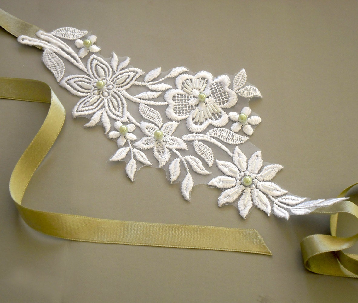 White Floral Lace Bridal Headband, Mint Green Ribbon, Pearl Beads Applied. Handmade